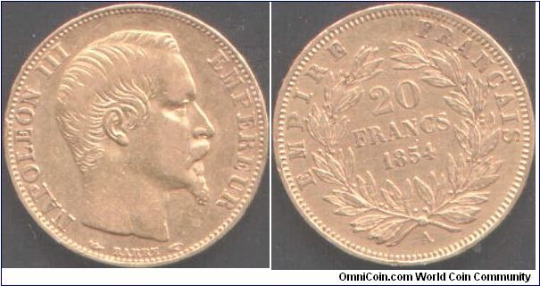 Louis Napoleon gold 20 Francs of 1854 minted at Paris