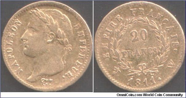 Napoleon gold 20 Francs of 1811 minted at Lille (W mint mark).Not quite VF in my opinion and fairly common.