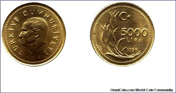 Turkey, 5000 lira, 1996, Atatürk, Tulip.                                                                                                                                                                                                                                                                                                                                                                                                                                                                            