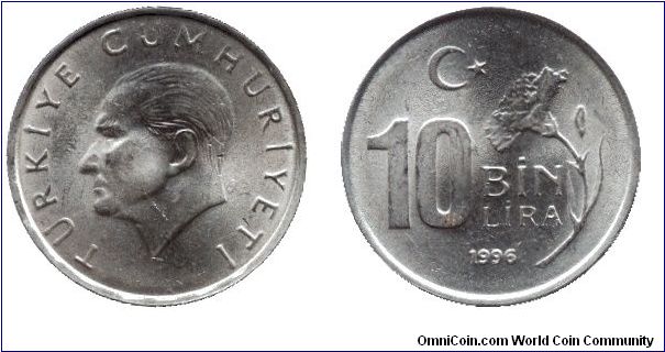 Turkey, 10000 lira, 1996, Atatürk, Carnation.                                                                                                                                                                                                                                                                                                                                                                                                                                                                       