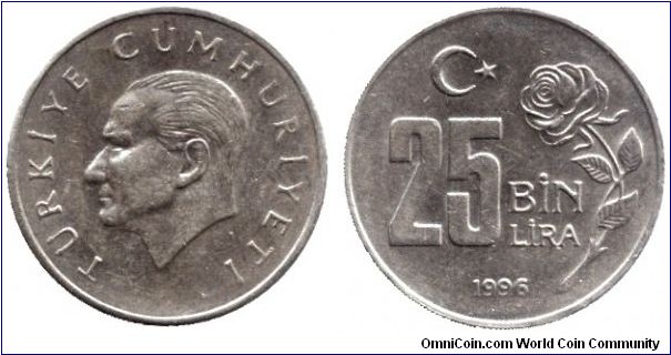 Turkey, 25000 lira, 1996, Atatürk, Rose.                                                                                                                                                                                                                                                                                                                                                                                                                                                                            