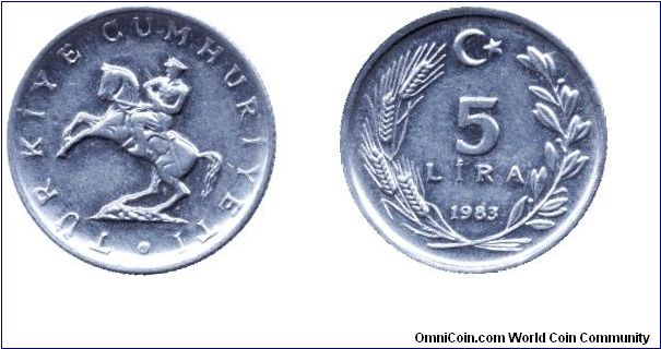 Turkey, 5 lira, 1983, Al, Atatürk on horseback, thicker letter 5.                                                                                                                                                                                                                                                                                                                                                                                                                                                   