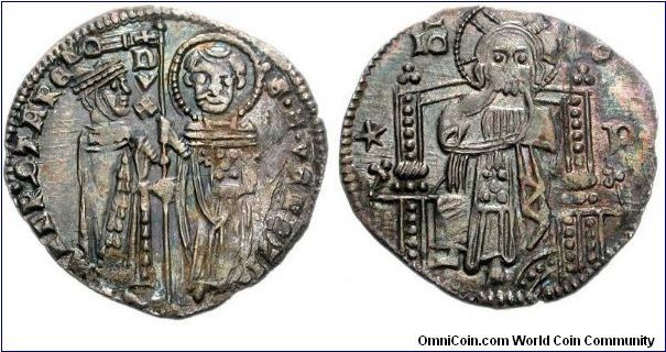 ITALY, Venezia (Venice). Andrea Contarini. 1368-1382. AR Grosso (1.81 g). Doge standing right and St. Mark standing facing, holding banner between them / Christ enthroned facing; (star)-P across fields. CNI VII, 37; cf. Papadouli 2; Paolucci 2.