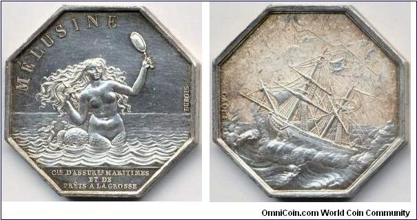 The `Melusine'(maritime assurance company). Original silver jeton de presence by Dubois, issued for the company's inauguration.