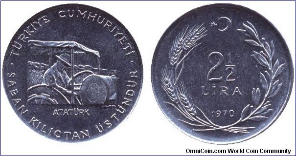 Turkey, 2 1/2 lira, 1970, Ac, FAO, Atatürk on a tractor, Turkiye Cumhuriyeti.                                                                                                                                                                                                                                                                                                                                                                                                                                       