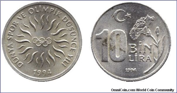Turkey, 10000 lira, 1994, Dünya Spor ve Olimpik Düsünce Yili.                                                                                                                                                                                                                                                                                                                                                                                                                                                       