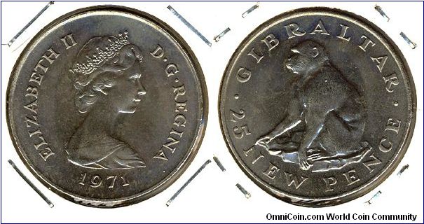 Gibraltar 25 new pence 1971 - Barbary Macaque