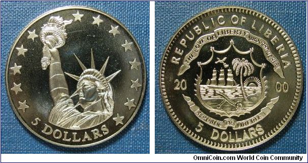 2000 Liberia Statue of Liberty Commemorative 5 Dollars