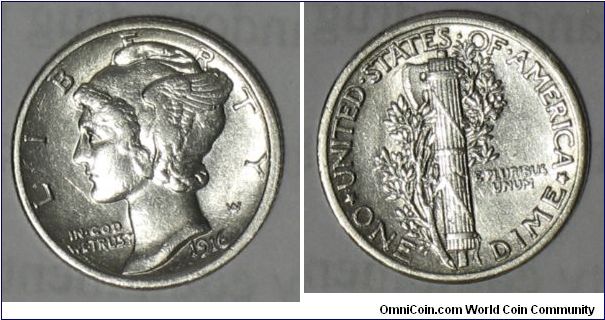 1916 Winged Liberty Head Dime in EF-40 grade