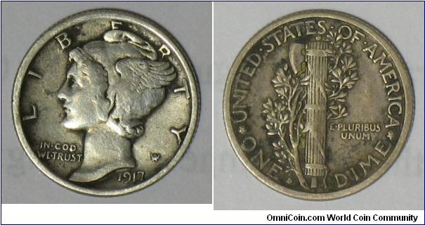 1917-D Winged Liberty Head Dime in F-15 grade