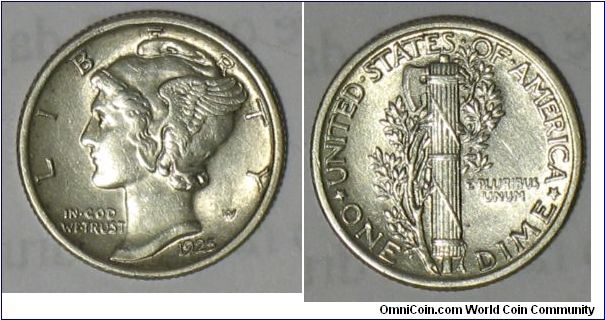 1925 Winged Liberty Head Dime in EF-45 grade