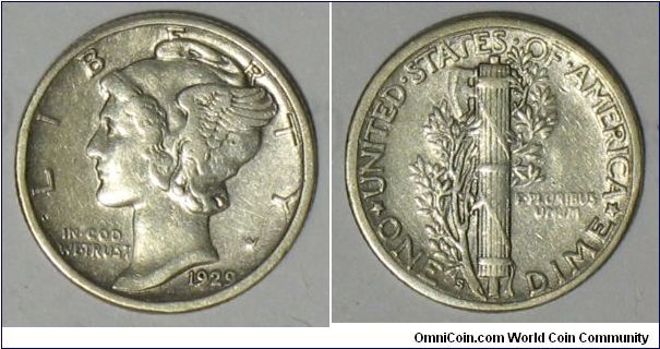 1929-S Winged Liberty Head Dime in F-15 grade