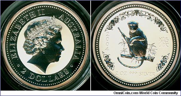 Australia 2 dollars 2004 - Lunar Series Monkey Year, 2oz silver bullion