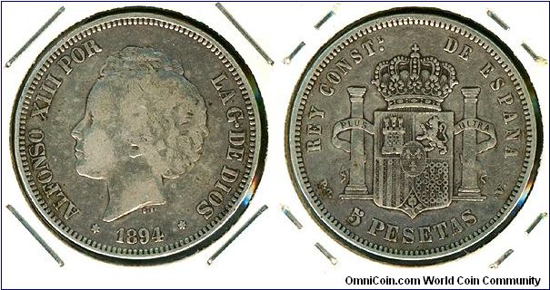 Spain 5 pesetas 1894 - PG-V, Alfonso XIII 2nd head