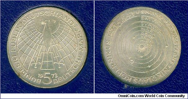 Germany 5 D.Mark 1973-J - 500th Anniv. Birth of Nicolaus Copernicus