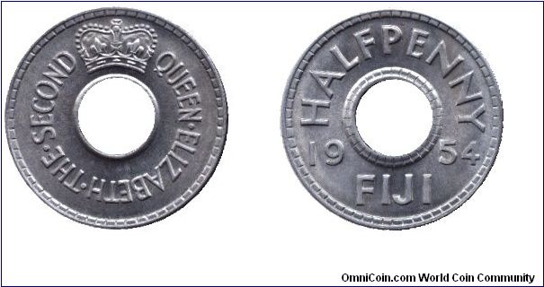 Fiji, 1/2 penny, 1954, Cu-Ni, holed.                                                                                                                                                                                                                                                                                                                                                                                                                                                                                