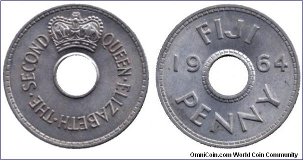 Fiji, 1 penny, 1964, Cu-Ni, holed.                                                                                                                                                                                                                                                                                                                                                                                                                                                                                  