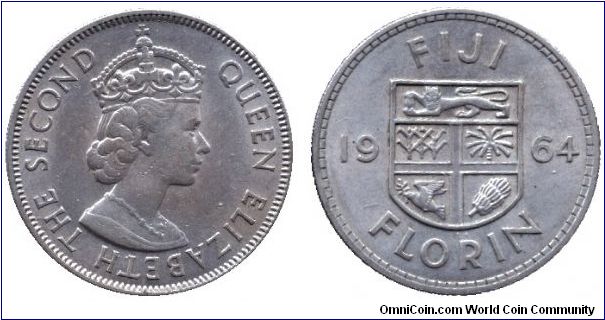 Fiji, 1 florin, 1964, Cu-Ni, Queen ELizabeth the Second.                                                                                                                                                                                                                                                                                                                                                                                                                                                            