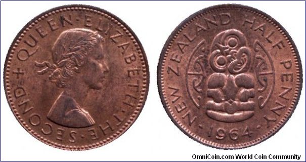 New Zealand, 1/2 penny, 1964, Bronze, Hei Tiki, Elizabeth II.                                                                                                                                                                                                                                                                                                                                                                                                                                                       