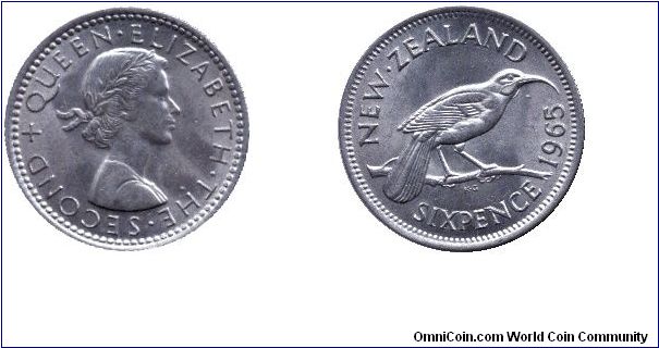 New Zealand, 6 pence, 1965, Cu-Ni, Huia Bird, Queen Elizabeth the Second.                                                                                                                                                                                                                                                                                                                                                                                                                                           