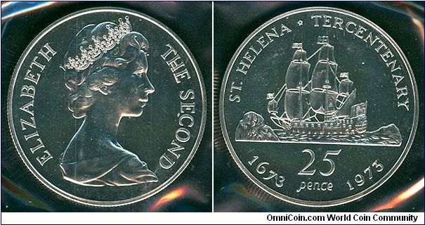 St Helena 25 pence 1973 - Tercentenary of the Granting of the Royal Charter to the East India Company, Silver proof non-frosted devices