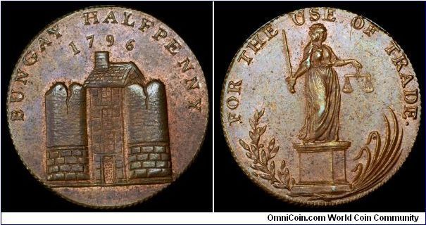 British Conder Token, Suffolk, Bungay 24b. Obverse - Ancient Tower Bigod's Castle. Reverse - Justice.

From the Dr. Richard Doty Reference Collection of Conder Tokens.