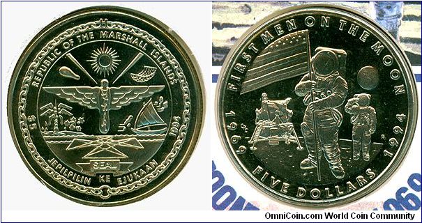 Marshall Islands 5 dollars 1994 - First Man on the Moon 25th Anniv.
