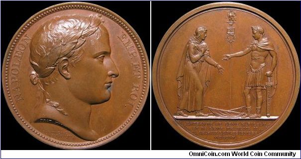Entrevue des Deux Empereurs, France.

After the battle of Austerlitz while his Russian allies fled east Francis II of Austria came to beg Napoleon not to destroy his country. This is an early strike, the obverse of this medal was replaced about 1808 with one by Andrieu.                                                                                                                                                                                                                                    