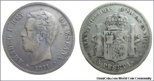 1871 SD-M Spain, 5 Pesetas, KM #666
.900 Silver .7234 oz