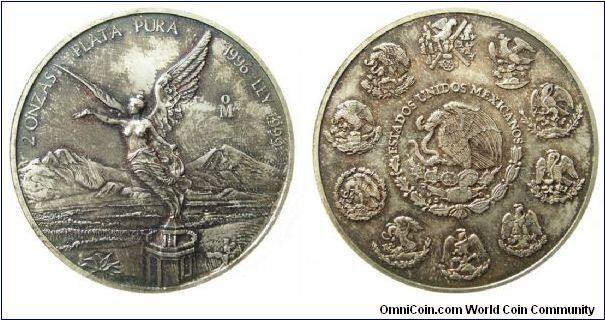 Mexico, 1996 2 onza bullion coin. .999 silver, 2.0 oz

KM #614