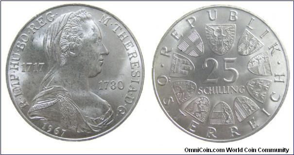 1967 Austria 25 Schilling Anniversery of the birth of Maria Theresa  KM #2901
.800 silver, .334 oz