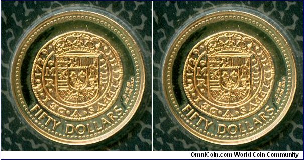 British Virgin Islands 50 dollars 1988-f - Colonial Coin, Franklin Mint. Obverse depicts QEII Maklouf effigy; but not displayed on packaging. Coin tarnished over time.