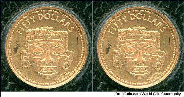 British Virgin Islands 50 dollars 1988-f - Mask Relic, Franklin Mint. Obverse depicts QEII Maklouf effigy; but not displayed on packaging. Coin tarnished over time.