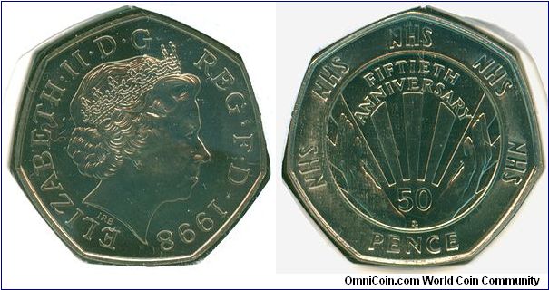 Great Britain 50 pence 1998 - National Health Service 50th Anniv. The National Health Service or NHS as it is more commonly known, was set up on the 5th July 1948 to provide healthcare for all citizens, based on need, not the ability to pay. The NHS is funded by the taxpayer and managed by the Department of Health, which sets overall policy on health issues. It is the responsibility of the Department of Health to provide health services to the general public through the NHS.