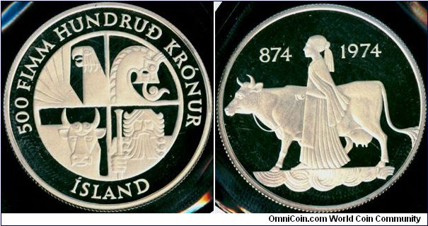 Iceland 500 kronur 1974 - 1100 Years of Settlement, Proof issue