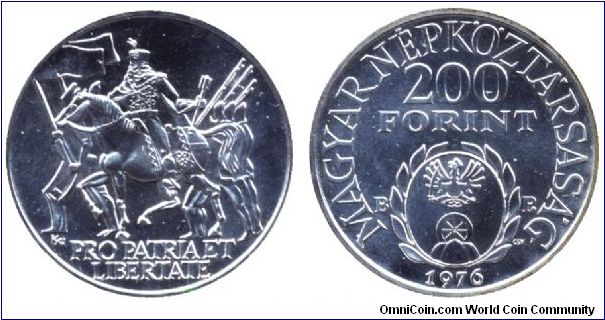 Hungary, 200 forint, 1976, Ag, Commemorating Prince Ferenc Rákóczi II, Pro Patria et Libertate, For the Nation and Liberty, the Rákóczi Coat of Arms.                                                                                                                                                                                                                                                                                                                                                               