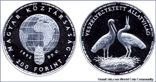 Hungary, 200 forint, 1992, Ag, Endangered species: White Stork couple.                                                                                                                                                                                                                                                                                                                                                                                                                                              