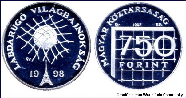 Hungary, 750 forint, 1998, Ag, World Football Championship 1998 - France.                                                                                                                                                                                                                                                                                                                                                                                                                                           
