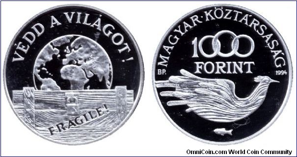 Hungary, 1000 forint, 1994, Ag, Save the World, Fragile!                                                                                                                                                                                                                                                                                                                                                                                                                                                            