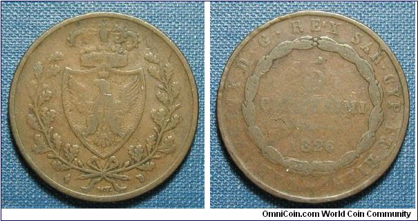 1826 Italian States Sardinia 5 Centesimi