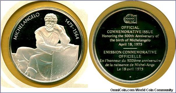 Michelangelo 500th Anniversary of Birth - International Society of Postmasters, Series 1975, Silver proof medallion, Franklin Mint.

Michelangelo di Lodovico Buonarroti, commonly known as Michelangelo, was an Italian Renaissance sculptor, painter, architect and poet. His artistic versatility was of such a high order that he is often considered a contender for the title of the archetypal Renaissance man, along with his rival and fellow Florentine Leonardo da Vinci.