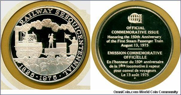 First Steam Passenger Train 150th Anniv. - International Society of Postmasters, Series 1975, Silver proof medallion, Franklin Mint. 

The Stockton and Darlington Railway (S&DR), which opened in 1825, was the first permanent steam locomotive railway.