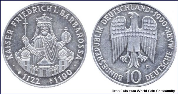 Germany, 10 mark, 1990, Ag, 800th Anniversary of the Death of Emperor Friedrich I Barbarossa (1122-1190).                                                                                                                                                                                                                                                                                                                                                                                                           