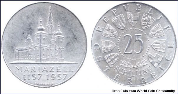 Austria, 25 schilling, 1957, Ag, 800th Anniversary of the Mariazell Cathedral (1157-1957).                                                                                                                                                                                                                                                                                                                                                                                                                          