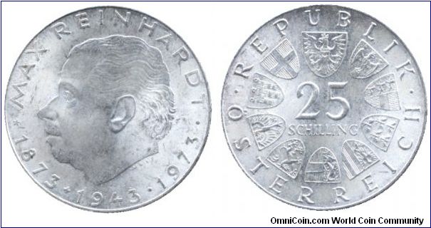 Austria, 25 schilling, 1973, Ag, 100th Anniversary of the Birth of Max Reinhardt (1873-1943).                                                                                                                                                                                                                                                                                                                                                                                                                       