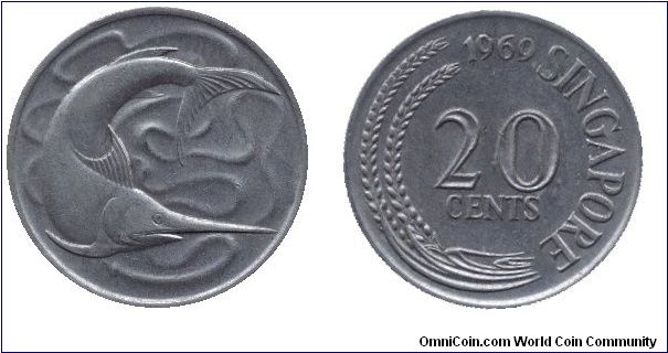 Singapore, 20 cents, 1969, Cu-Ni, Sword fish                                                                                                                                                                                                                                                                                                                                                                                                                                                                        