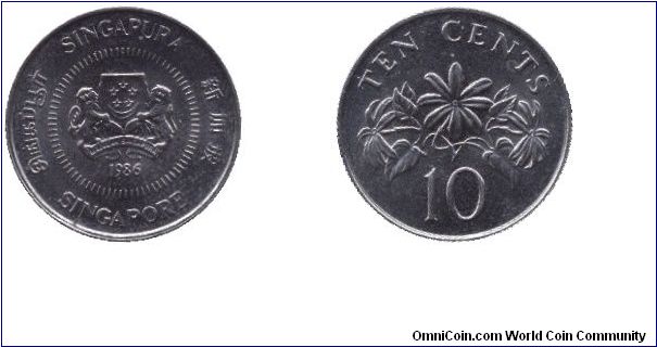 Singapore, 10 cents, 1986, Cu-Ni, star jasmine plant.                                                                                                                                                                                                                                                                                                                                                                                                                                                               