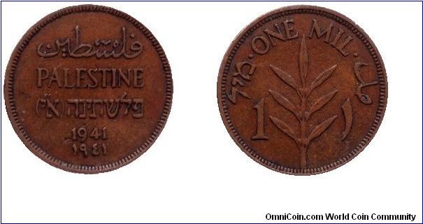 Palestine, 1 mil, 1941, Bronze.                                                                                                                                                                                                                                                                                                                                                                                                                                                                                     