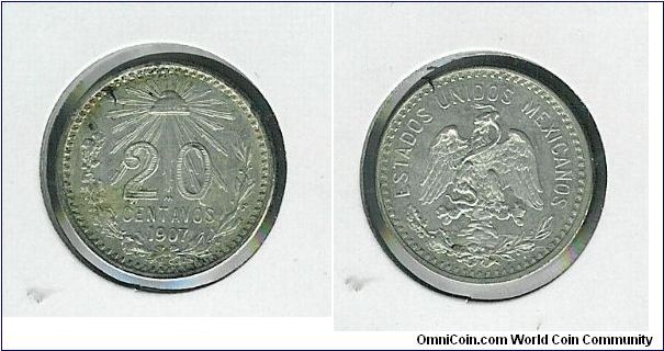 Silver 20 centavos from Mexico.
