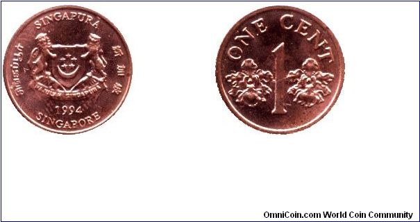 Singapore, 1 cent, 1994, C u-Steel, Vanda Miss Joaquim Plants.                                                                                                                                                                                                                                                                                                                                                                                                                                                      